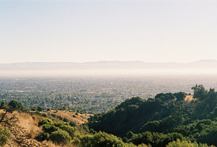 [A hilltop with trees and low grasses is between the camera and the Santa Clara Valley which has a white streak over it. In the far distance above the white streak the tops of the mountains are visible.]